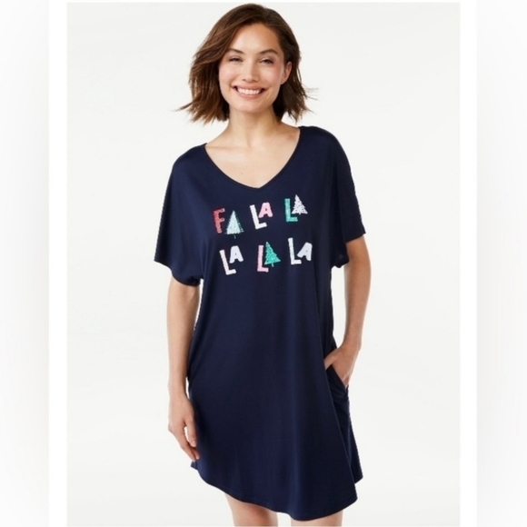 Joyspun Fa La La La La La Navy Blue Graphic Sleep Shirt W/ Pockets Women's 2X-3X - Picture 1 of 7